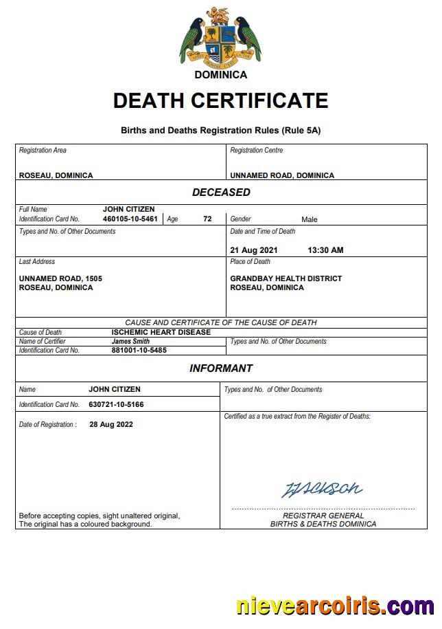Dominica vital record death certificate